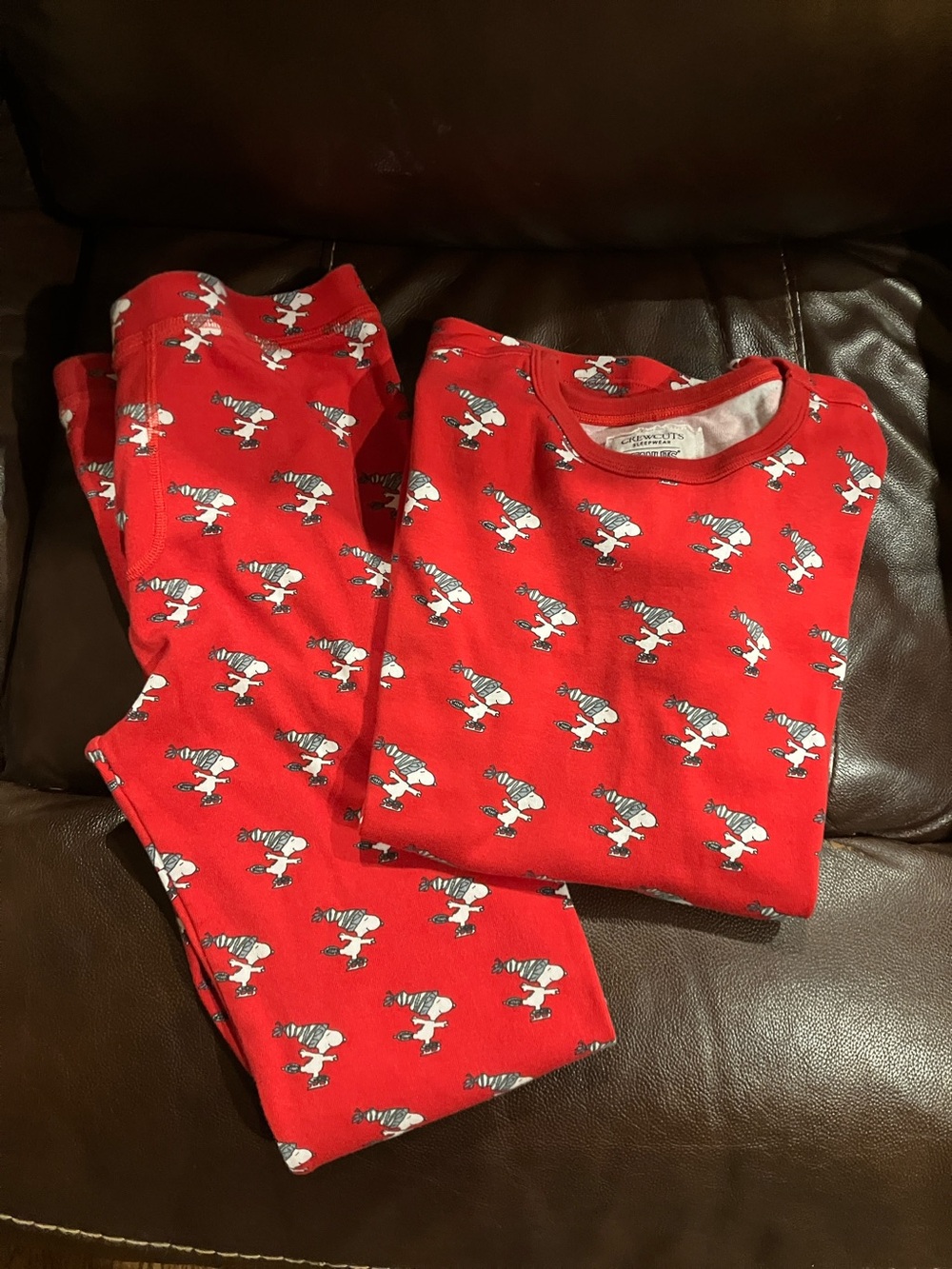 Crewcuts J Crew Peanuts winter holiday Christmas Snoopy PJs sleepwear ice skater